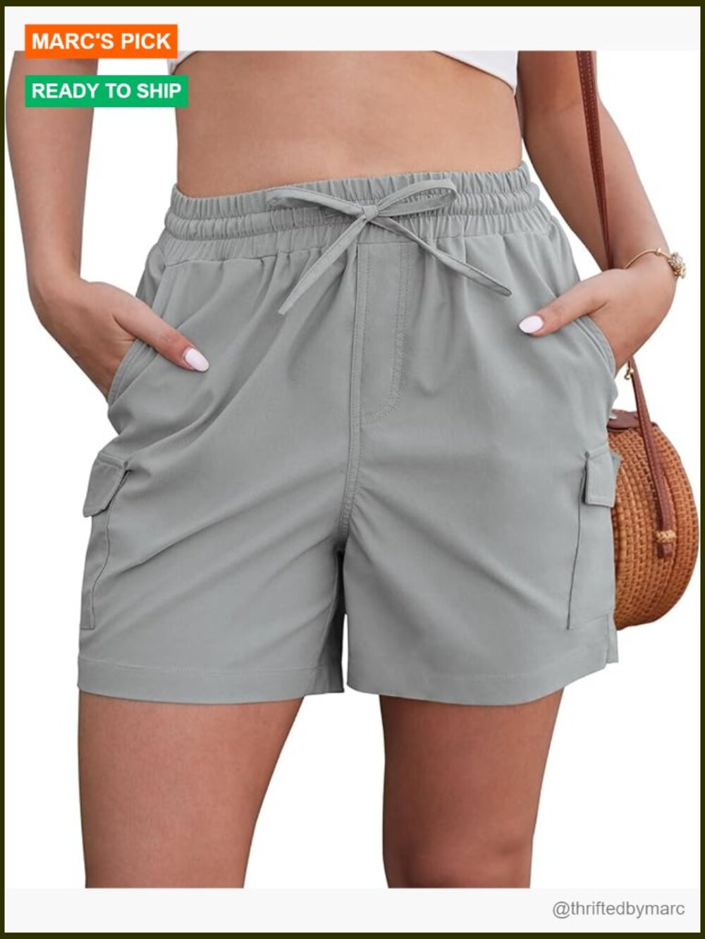 High Waist Cargo Shorts With Pockets, Cotton Spandex, Casual Summer
